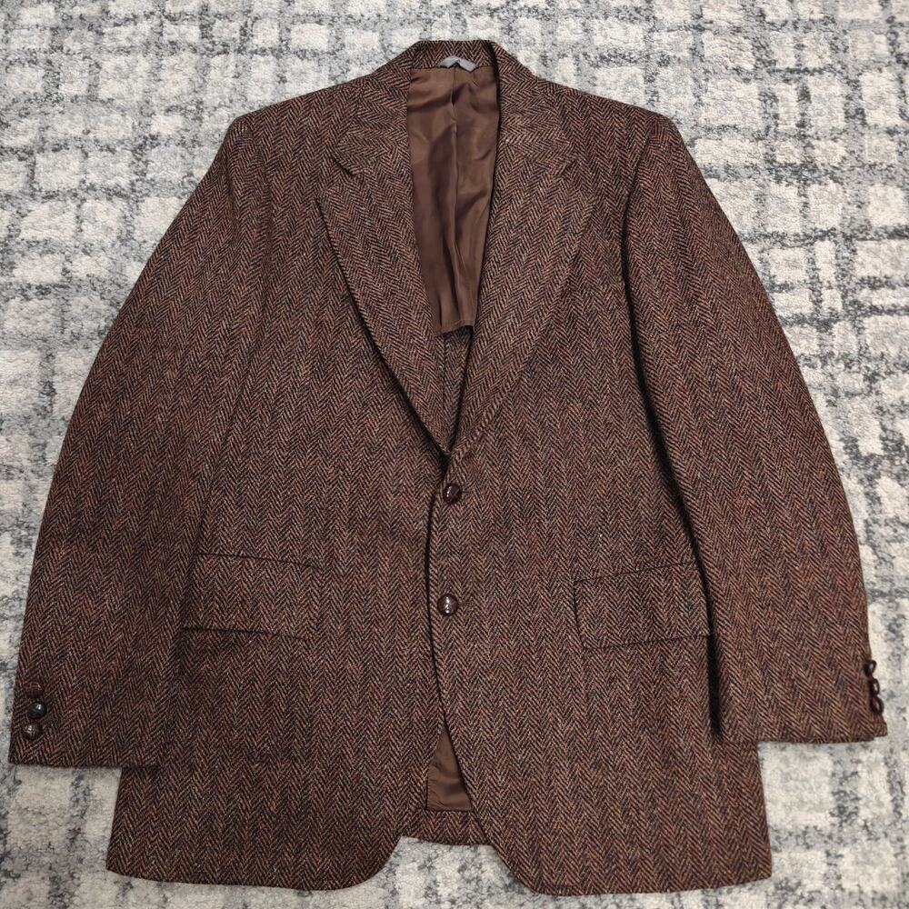 Vintage Harris Tweed Wool Herringbone Blazer Jacket Mens 40L 42L Brown 2-Button